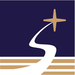 Goldflux logo winding up white road in perspective from gold stripes into dark background leading to a bright gold star. 